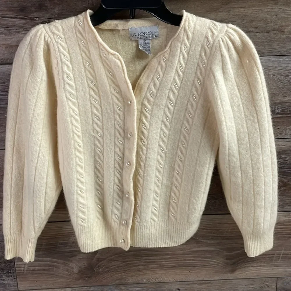 Lauren Cole Lambswool,Angora,Nylon Ladies Sweater Cardigan,Cream,Small Petite - Picture 2 of 7